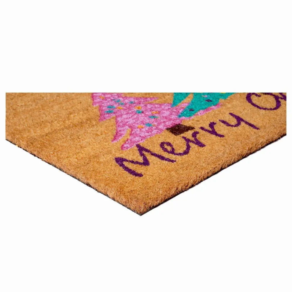 17" X 29" Brown Green And Pink Christmas Trees Merry Christmas Outdoor Coir Door Mat - NOVA HOME FURNITURE
