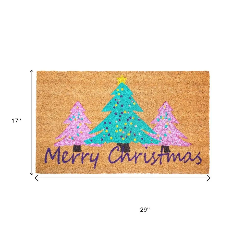 17" X 29" Brown Green And Pink Christmas Trees Merry Christmas Outdoor Coir Door Mat - NOVA HOME FURNITURE