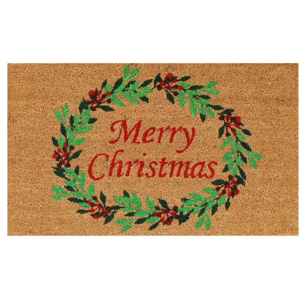 17" X 29" Brown Red And Dark Green Christmas Merry Christmas Outdoor Coir Door Mat - NOBLE HOME INTERIORS