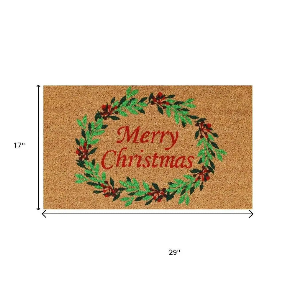 17" X 29" Brown Red And Dark Green Christmas Merry Christmas Outdoor Coir Door Mat - NOBLE HOME INTERIORS