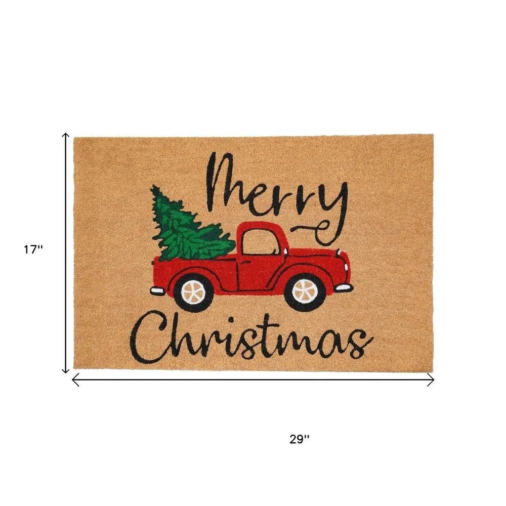 17" X 29" Brown Red And Green Christmas Merry Christmas Outdoor Coir Door Mat - NOVA HOME FURNITURE