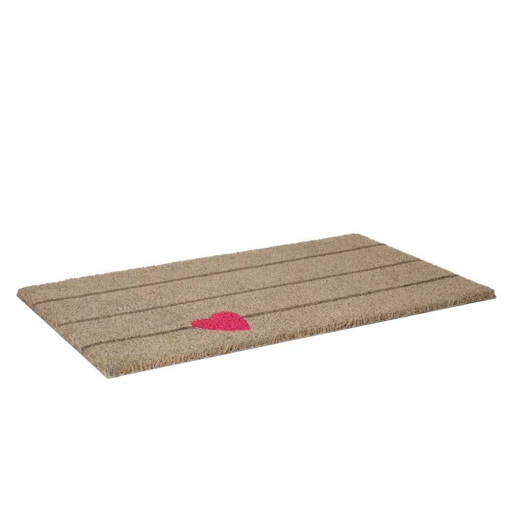 17" X 29" Gray and Pink Coir Heart and Stripe Outdoor Door Mat - NOBLE HOME INTERIORS