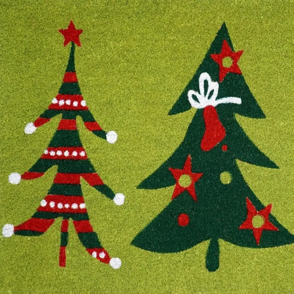 17" X 29" Green And Red Christmas Trees Outdoor Coir Door Mat - NOBLE HOME INTERIORS