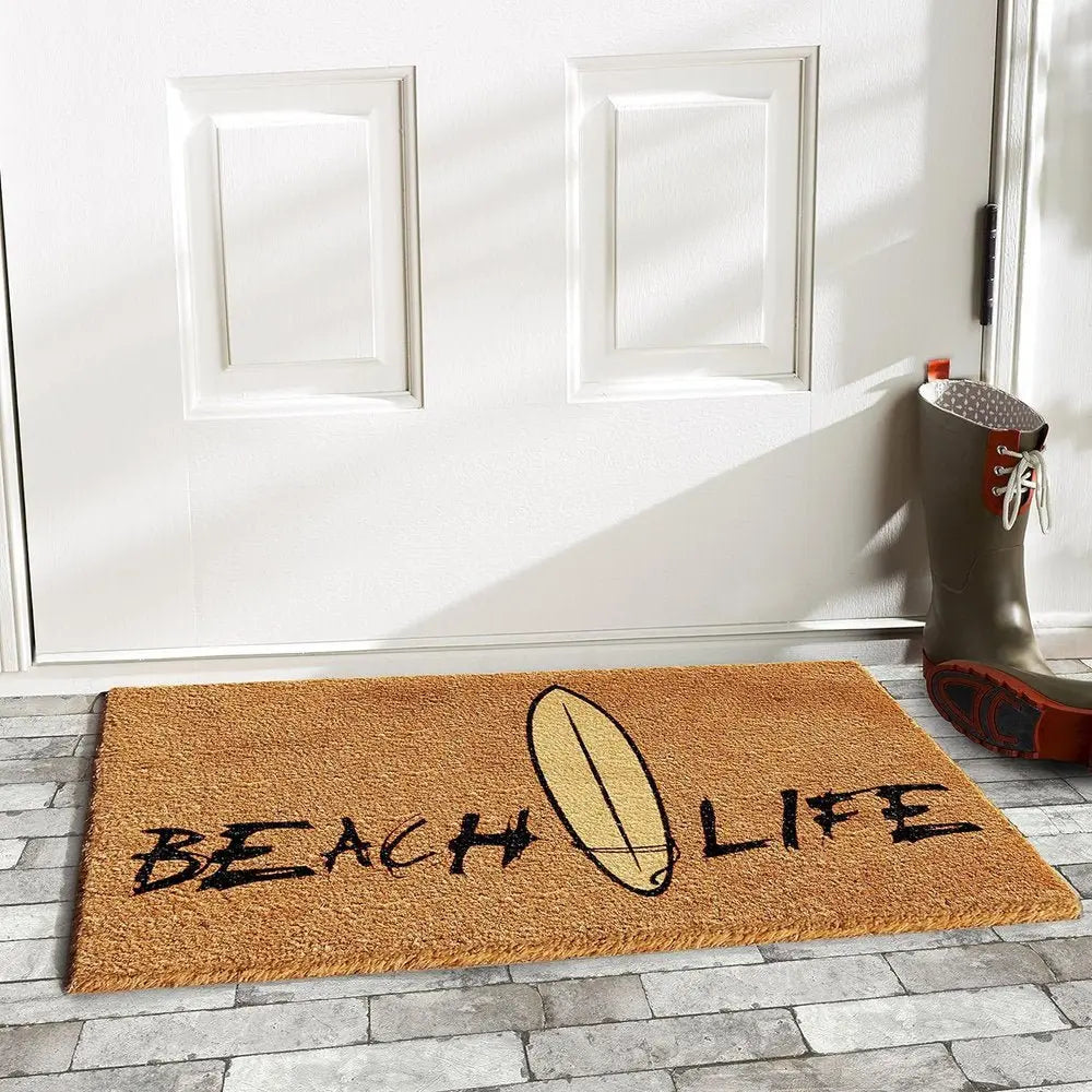 17" X 29" Natural and Black Coir Beach Life Outdoor Door Mat - NOBLE HOME INTERIORS