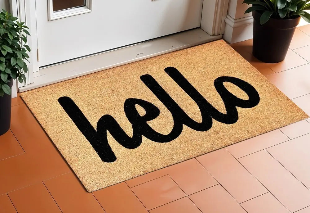 17" X 29" Natural And Black Hello Outdoor Coir Door Mat - NOBLE HOME INTERIORS