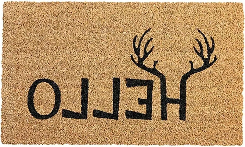 17" X 29" Natural And Black Hello With Antlers Coir Outdoor Door Mat - NOBLE HOME INTERIORS