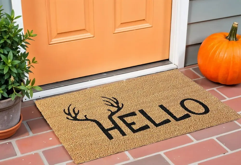 17" X 29" Natural And Black Hello With Antlers Coir Outdoor Door Mat - NOBLE HOME INTERIORS