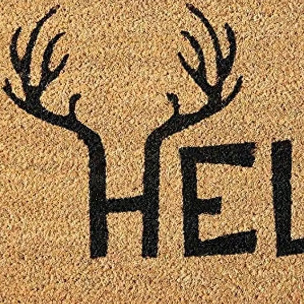 17" X 29" Natural And Black Hello With Antlers Coir Outdoor Door Mat - NOBLE HOME INTERIORS