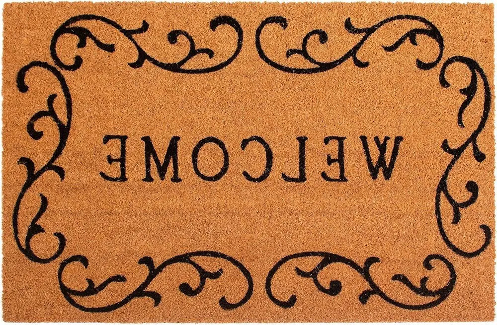 17" X 29" Natural And Black Scrollwork Welcome Outdoor Coir Door Mat - NOBLE HOME INTERIORS