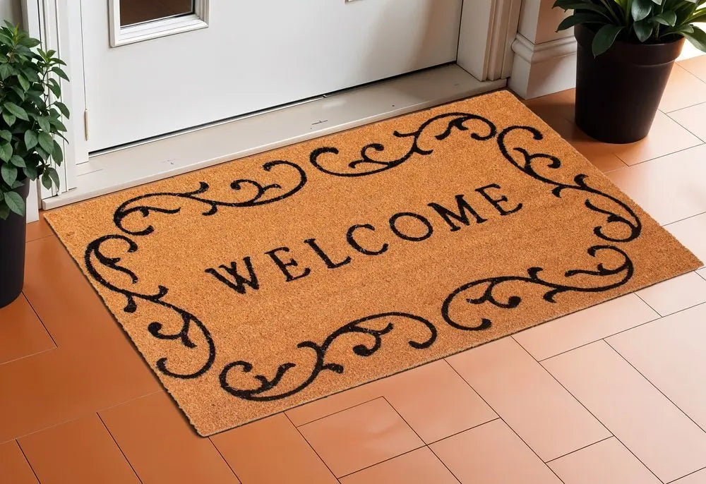 17" X 29" Natural And Black Scrollwork Welcome Outdoor Coir Door Mat - NOBLE HOME INTERIORS