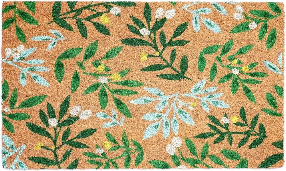 17" X 29" Natural and Green Coir Botanical Leaves Outdoor Door Mat - NOBLE HOME INTERIORS
