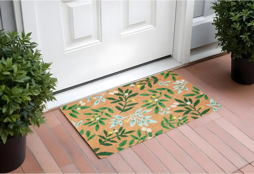 17" X 29" Natural and Green Coir Botanical Leaves Outdoor Door Mat - NOBLE HOME INTERIORS