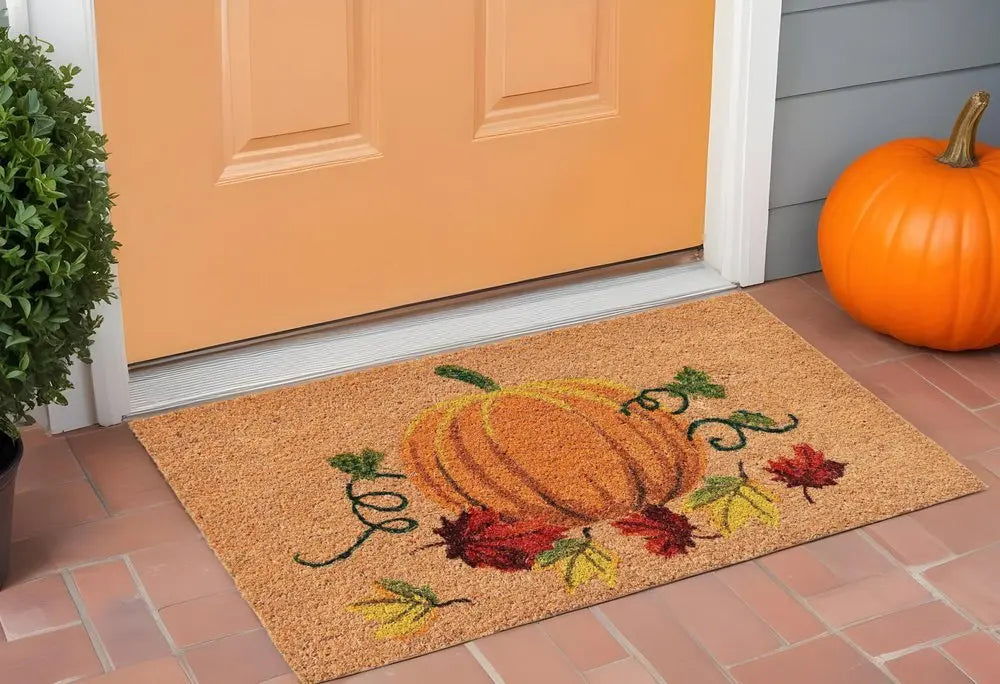 17" X 29" Natural and Orange Coir Pumpkin Outdoor Fall Door Mat - NOBLE HOME INTERIORS
