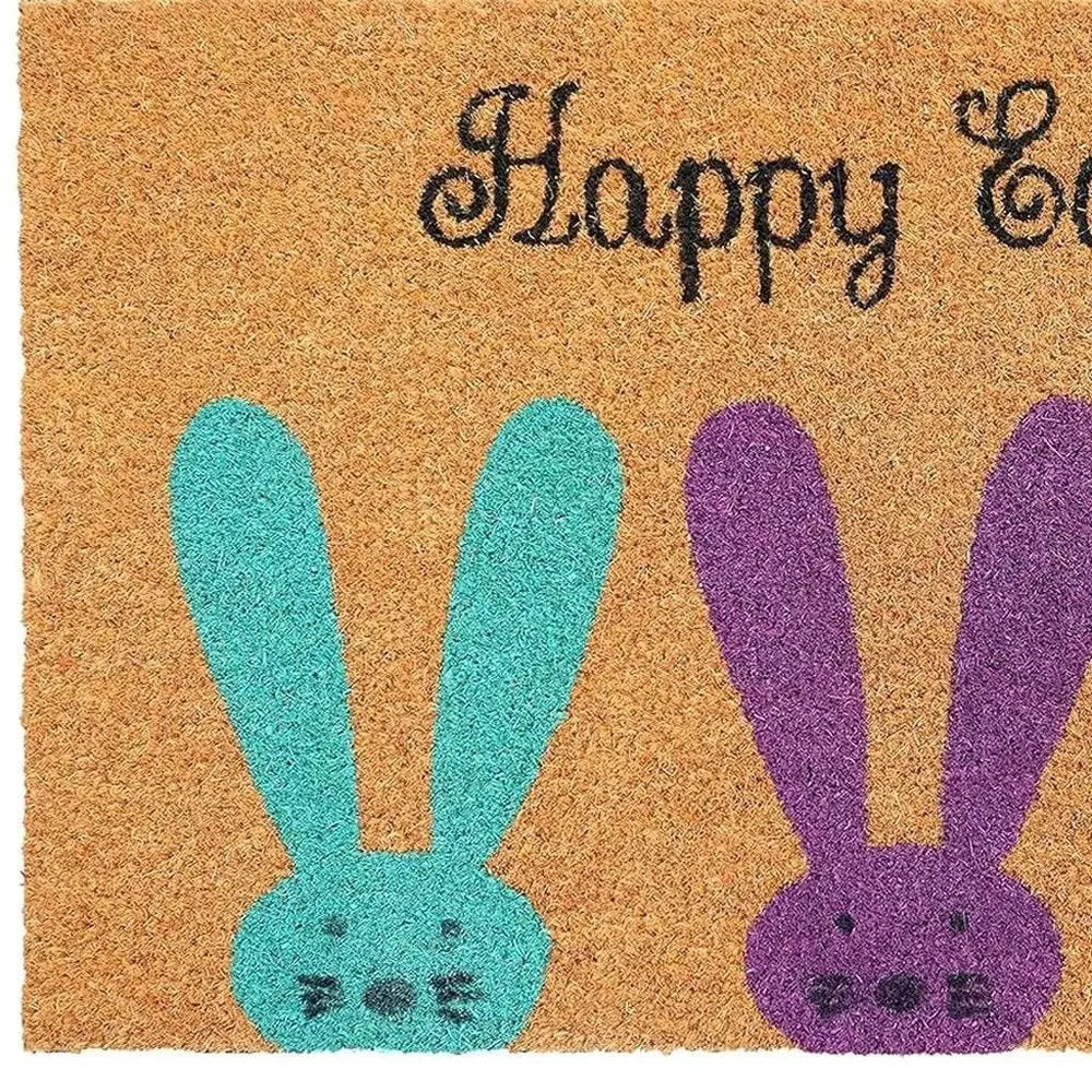 17" X 29" Natural Aqua And Purple Bunny Happy Easter Coir Outdoor Door Mat - NOBLE HOME INTERIORS