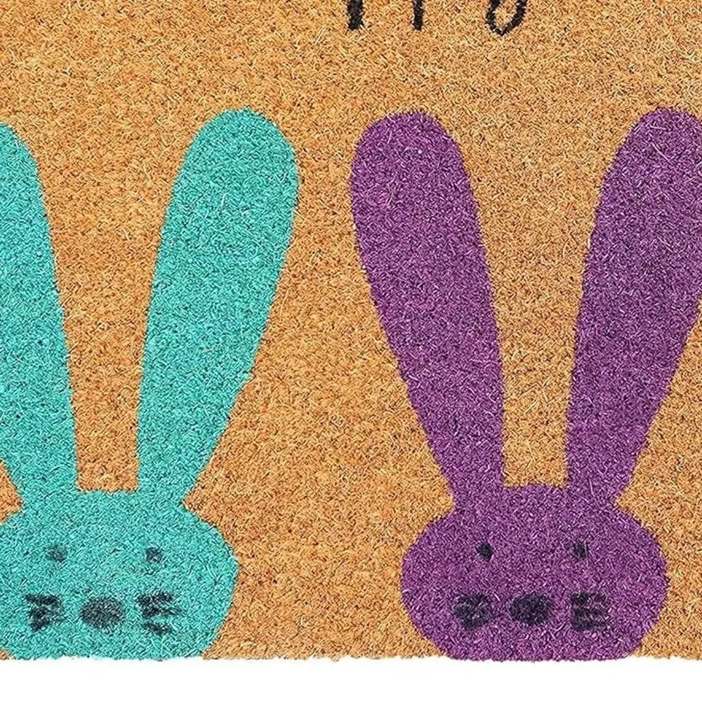 17" X 29" Natural Aqua And Purple Bunny Happy Easter Coir Outdoor Door Mat - NOBLE HOME INTERIORS