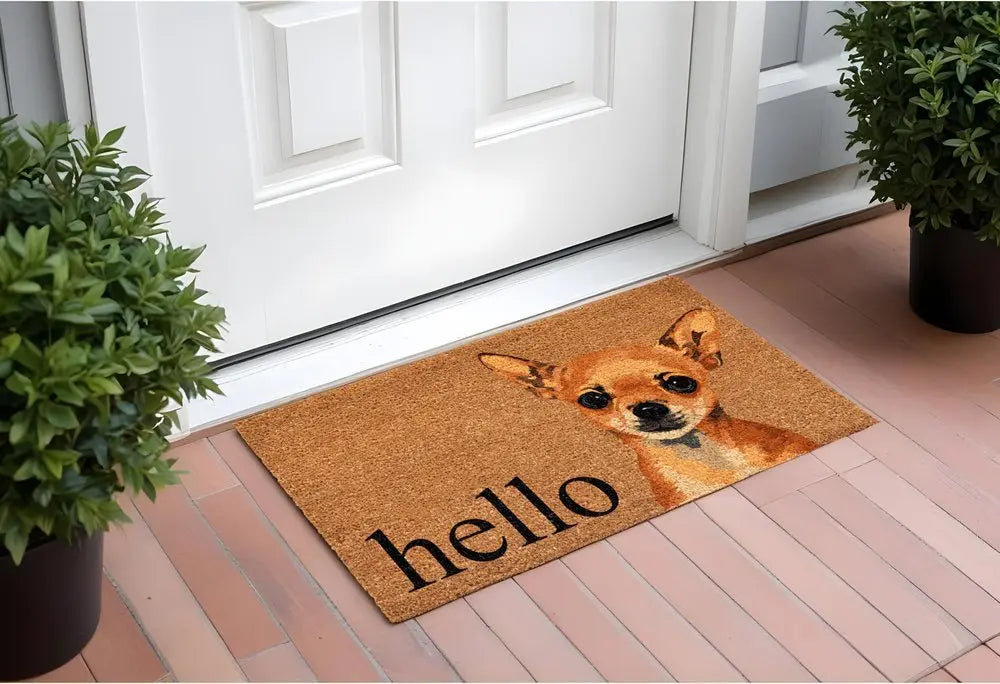 17" X 29" Natural Black and Brown Coir Chihuahua Hello Outdoor Door Mat - NOBLE HOME INTERIORS