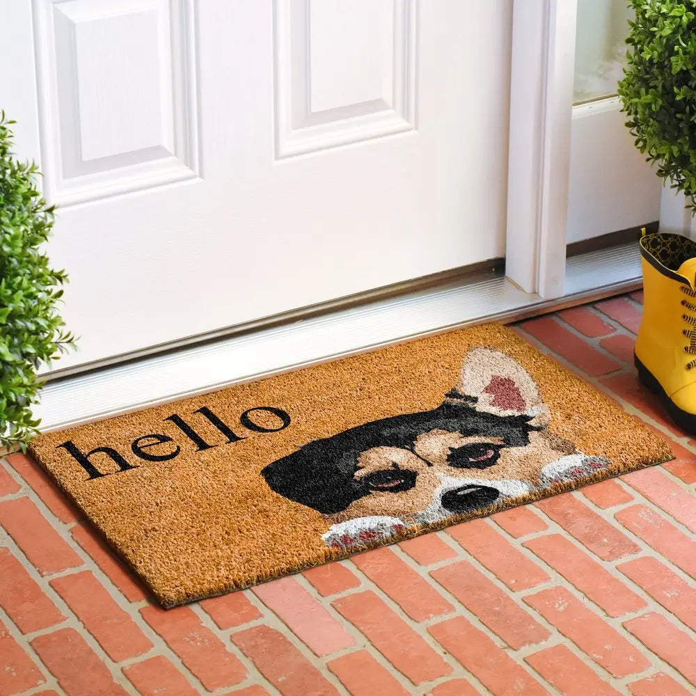 17" X 29" Natural Black and Brown Coir Welch Corgi Hello Outdoor Door Mat - NOBLE HOME INTERIORS