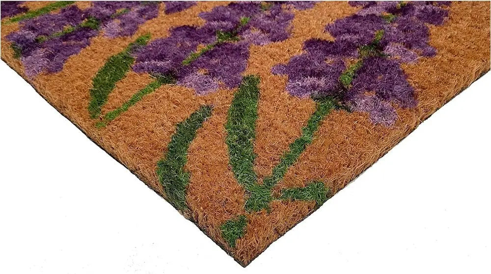 17" X 29" Natural Black and Purple Coir Floral Hello Outdoor Door Mat - NOBLE HOME INTERIORS