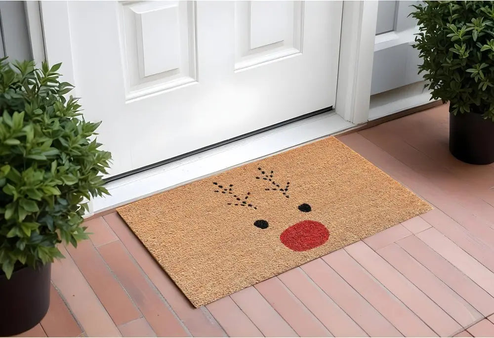 17" X 29" Natural Black and Red Coir Reindeer Outdoor Christmas Door Mat - NOBLE HOME INTERIORS