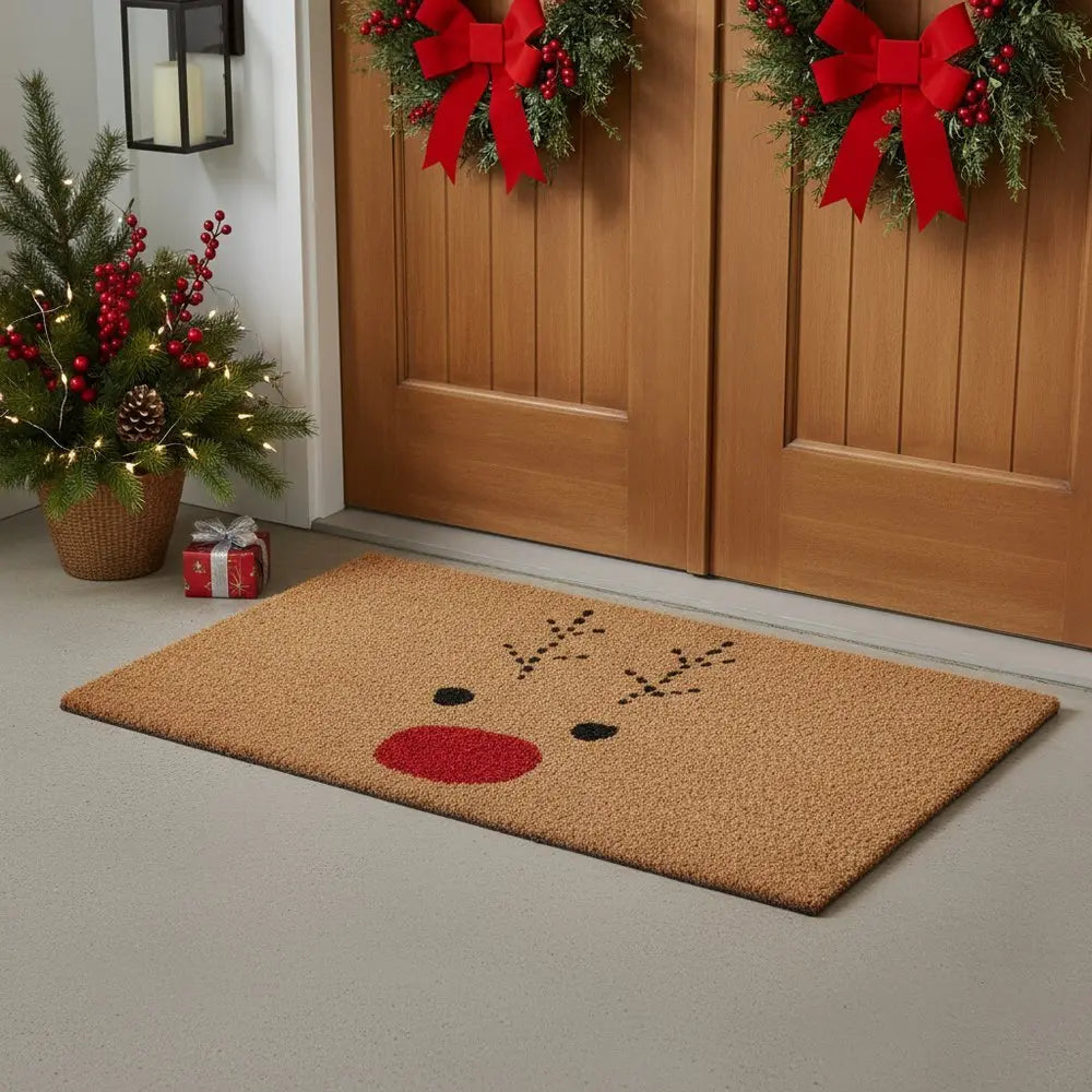 17" X 29" Natural Black and Red Coir Reindeer Outdoor Christmas Door Mat - NOBLE HOME INTERIORS