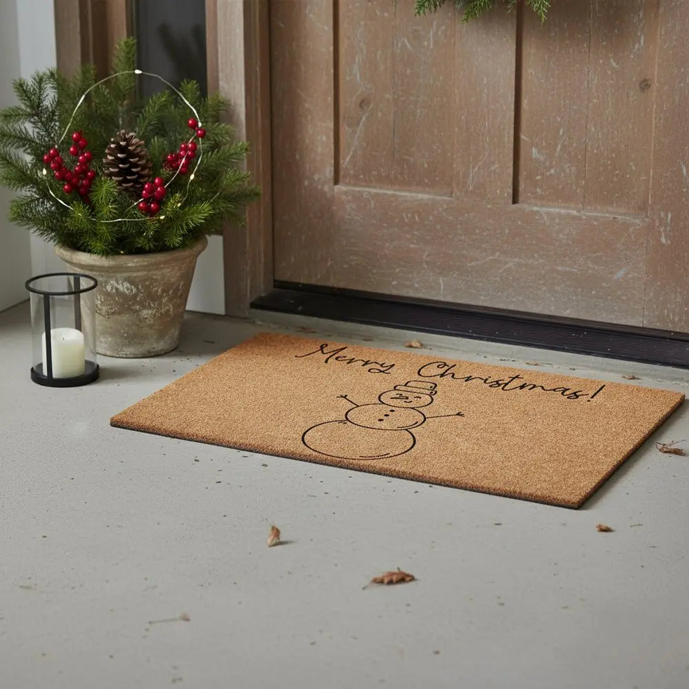 17" X 29" Natural Black And White Feliz Navidad Snowman Coir Door Mat - NOBLE HOME INTERIORS