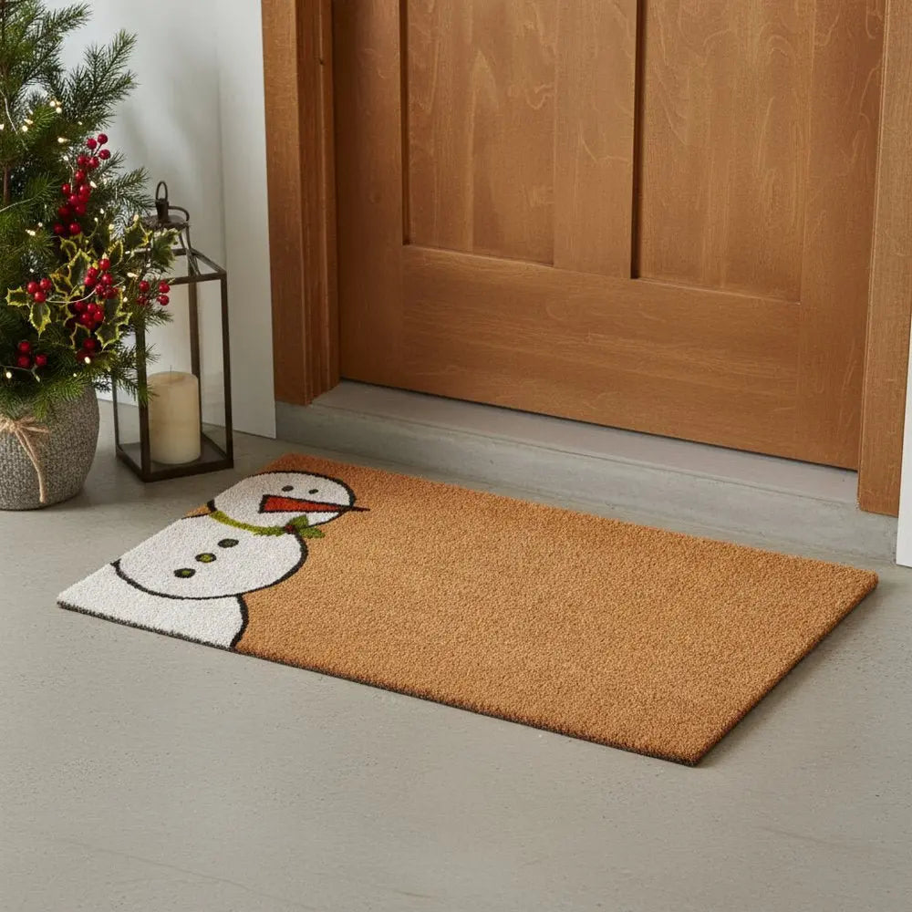 17" X 29" Natural Black And White Feliz Navidad Snowman Coir Door Mat - NOBLE HOME INTERIORS