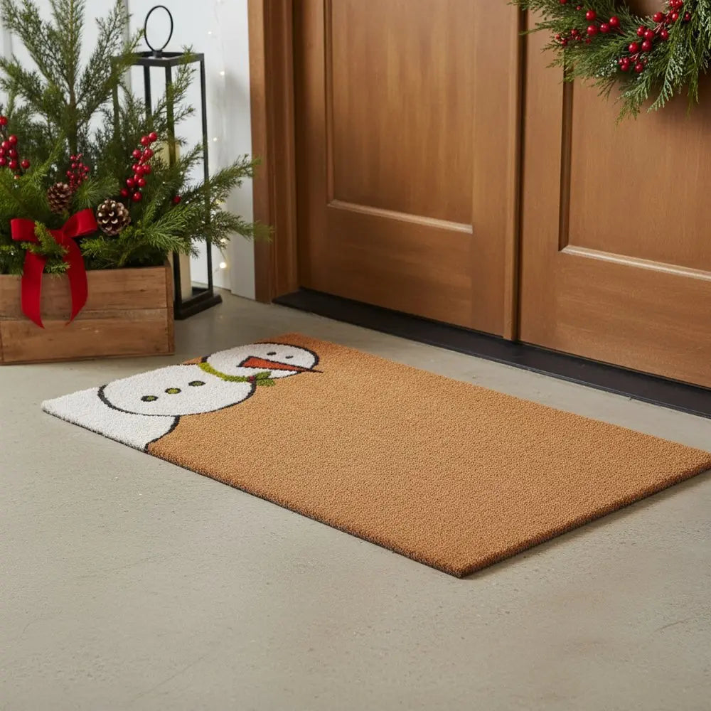 17" X 29" Natural Black And White Feliz Navidad Snowman Coir Door Mat - NOBLE HOME INTERIORS