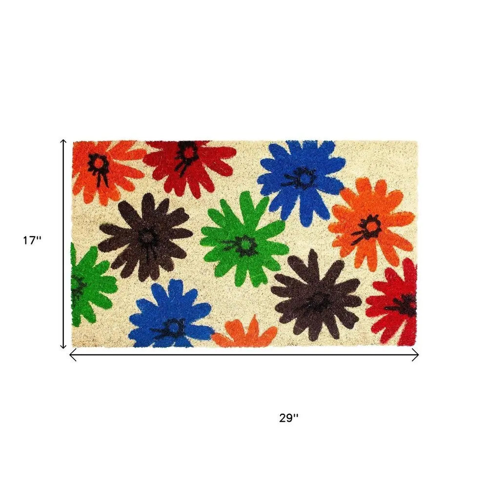 17" X 29" Natural Blue Green And Orange Floral Outdoor Coir Door Mat - NOBLE HOME INTERIORS