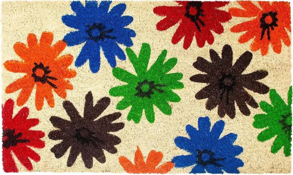 17" X 29" Natural Blue Green And Orange Floral Outdoor Coir Door Mat - NOBLE HOME INTERIORS