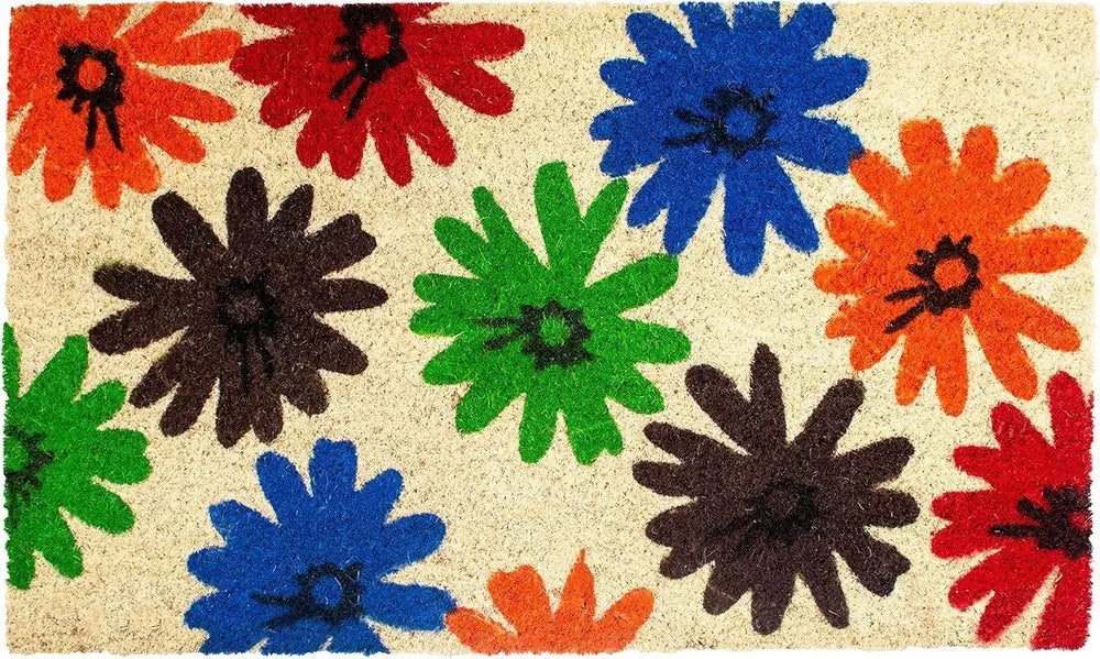 17" X 29" Natural Blue Green And Orange Floral Outdoor Coir Door Mat - NOBLE HOME INTERIORS