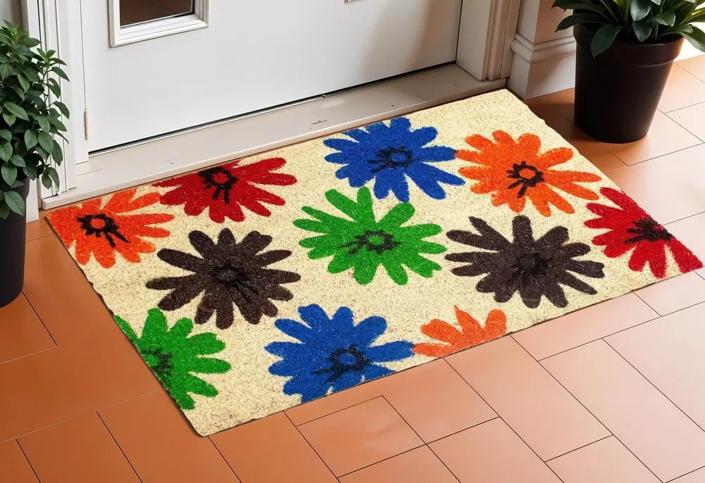 17" X 29" Natural Blue Green And Orange Floral Outdoor Coir Door Mat - NOBLE HOME INTERIORS