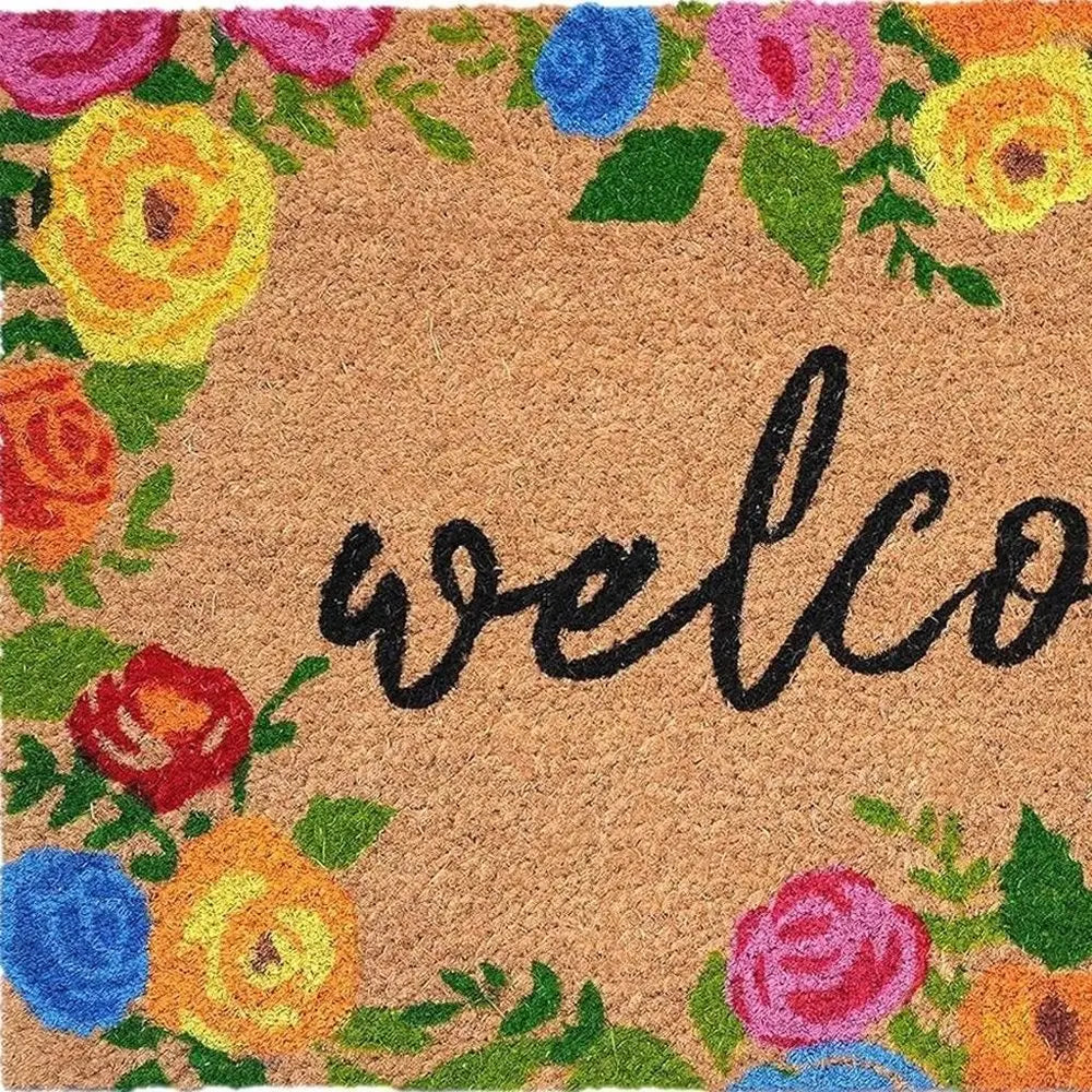 17" X 29" Natural Blue Pink And Yellow Floral Welcome Outdoor Coir Door Mat - NOBLE HOME INTERIORS