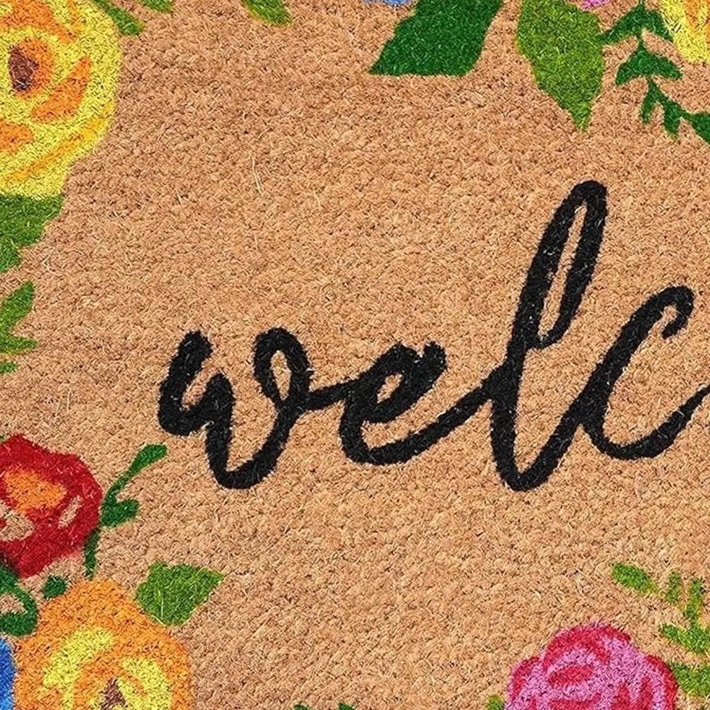 17" X 29" Natural Blue Pink And Yellow Floral Welcome Outdoor Coir Door Mat - NOBLE HOME INTERIORS