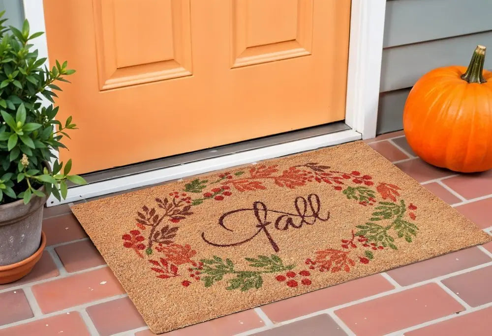 17" X 29" Natural Green And Orange Fall Leaves Coir Outdoor Door Mat - NOBLE HOME INTERIORS