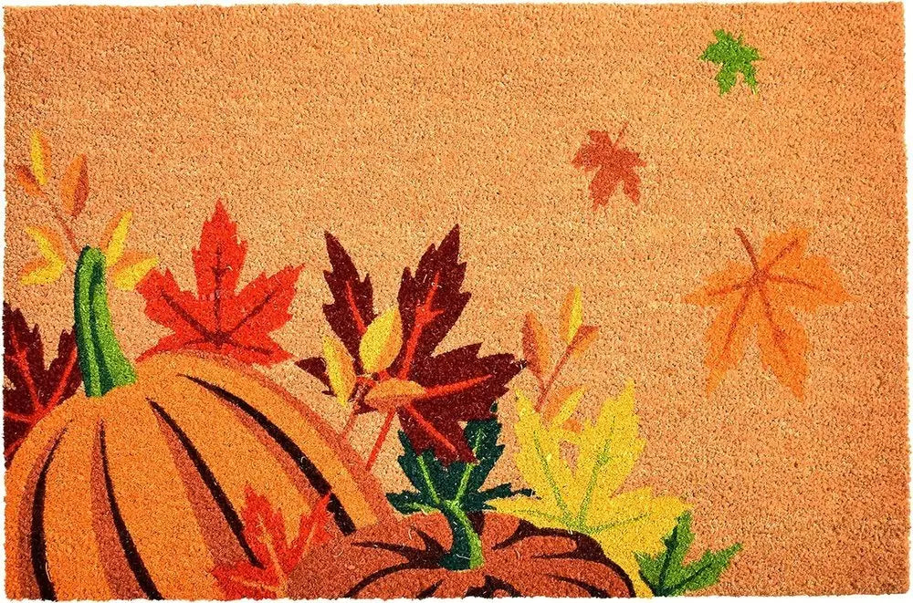17" X 29" Natural Orange and Green Coir Pumpkins and Leaves Outdoor Fall Door Mat - NOBLE HOME INTERIORS
