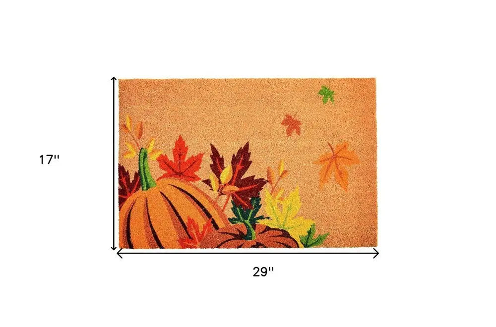 17" X 29" Natural Orange and Green Coir Pumpkins and Leaves Outdoor Fall Door Mat - NOBLE HOME INTERIORS