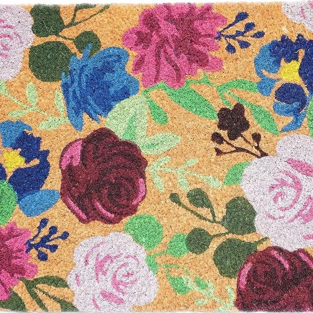 17" X 29" Natural Pink And Blue Floral Outdoor Coir Door Mat - NOBLE HOME INTERIORS