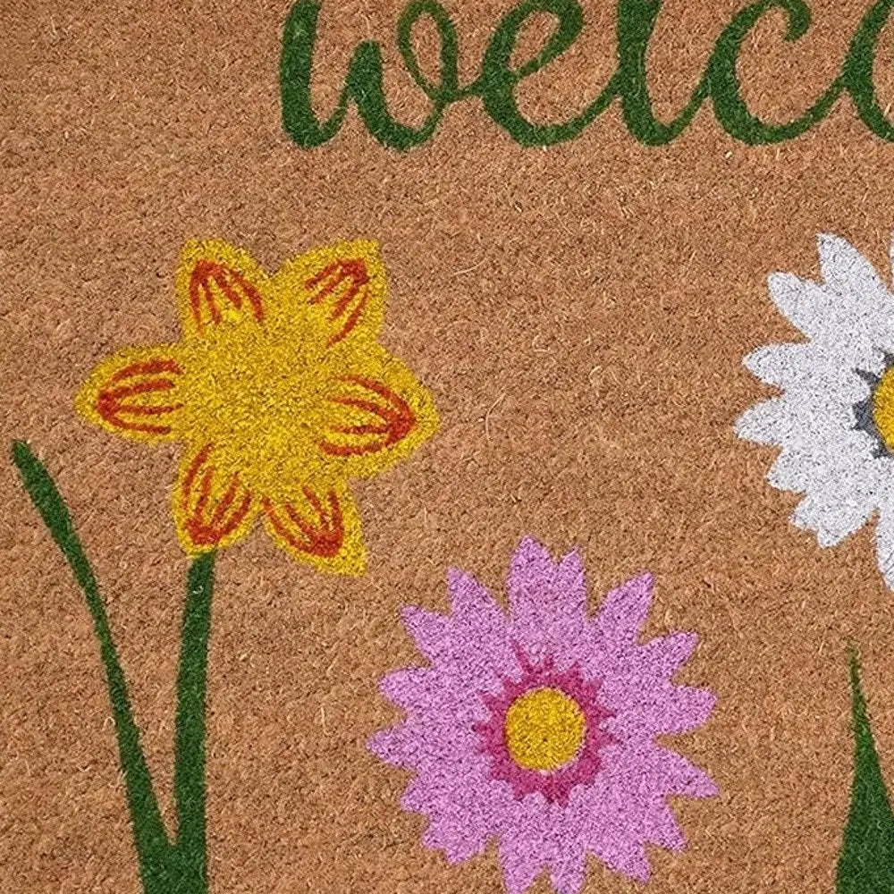 17" X 29" Natural Pink and Green Coir Floral Welcome Outdoor Door Mat - NOBLE HOME INTERIORS