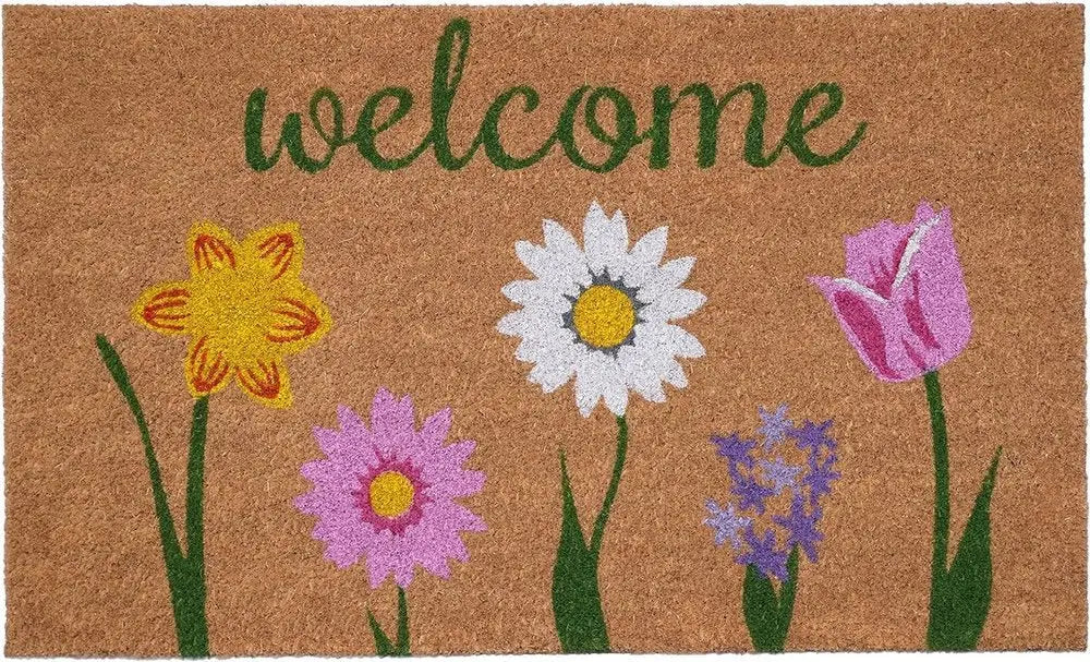 17" X 29" Natural Pink and Green Coir Floral Welcome Outdoor Door Mat - NOBLE HOME INTERIORS
