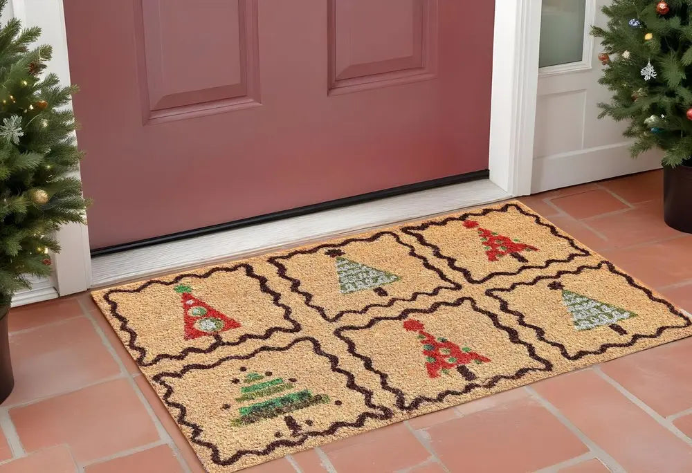 17" X 29" Natural Red and Black Coir Christmas Trees Outdoor Christmas Door Mat - NOBLE HOME INTERIORS