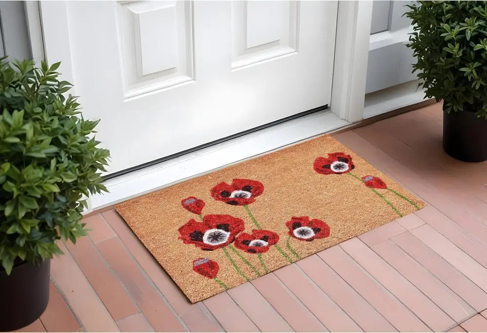 17" X 29" Natural Red and Black Coir Floral Outdoor Door Mat - NOBLE HOME INTERIORS