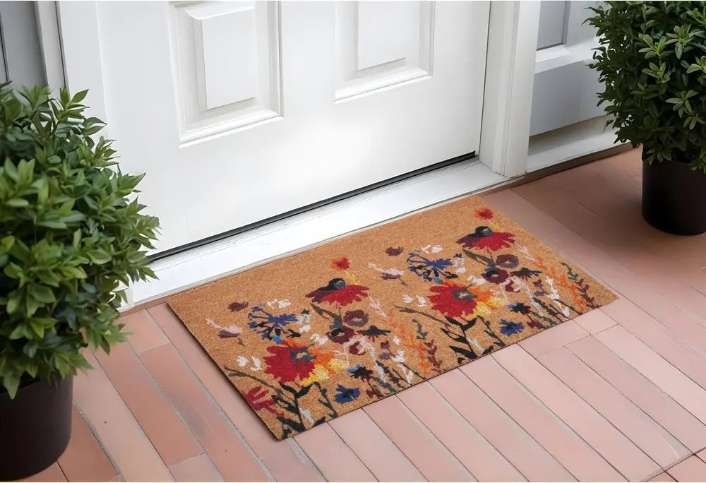 17" X 29" Natural Red and Yellow Coir Floral Outdoor Door Mat - NOBLE HOME INTERIORS