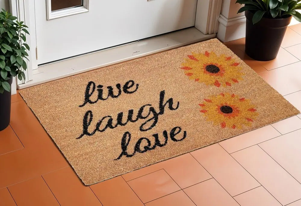 17" X 29" Natural Yellow And Black Floral Live Love Laugh Outdoor Coir Door Mat - NOBLE HOME INTERIORS