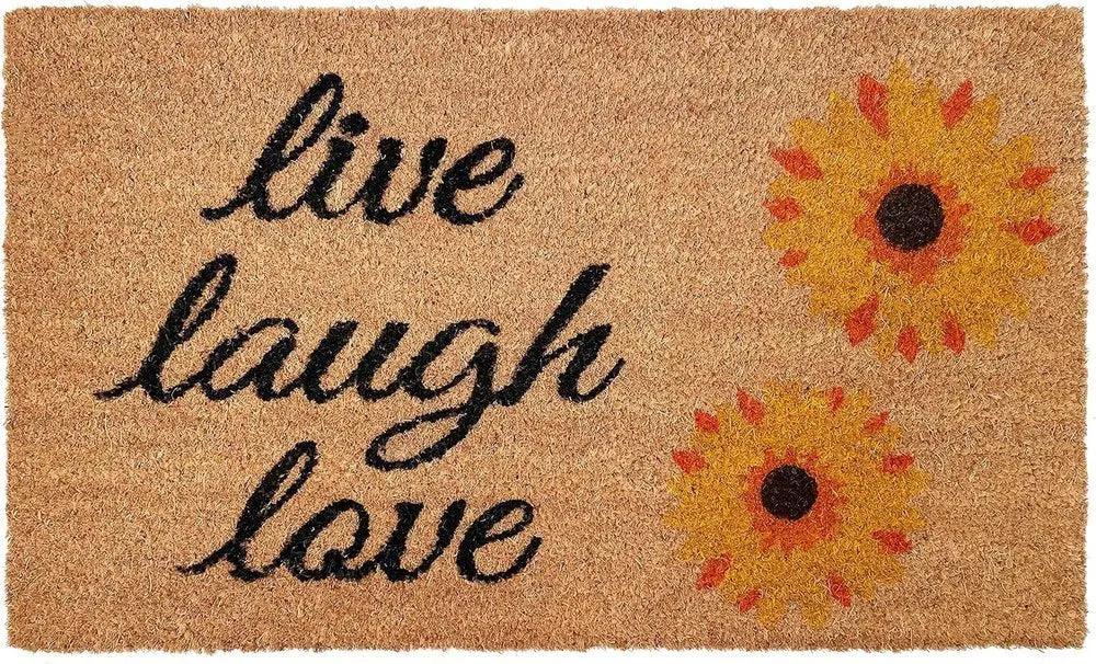 17" X 29" Natural Yellow And Black Floral Live Love Laugh Outdoor Coir Door Mat - NOBLE HOME INTERIORS