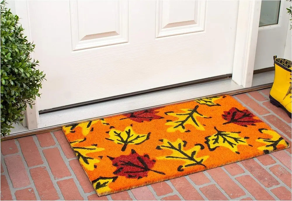 17" X 29" Orange Black and Yellow Coir Leaves Outdoor Fall Door Mat - NOBLE HOME INTERIORS