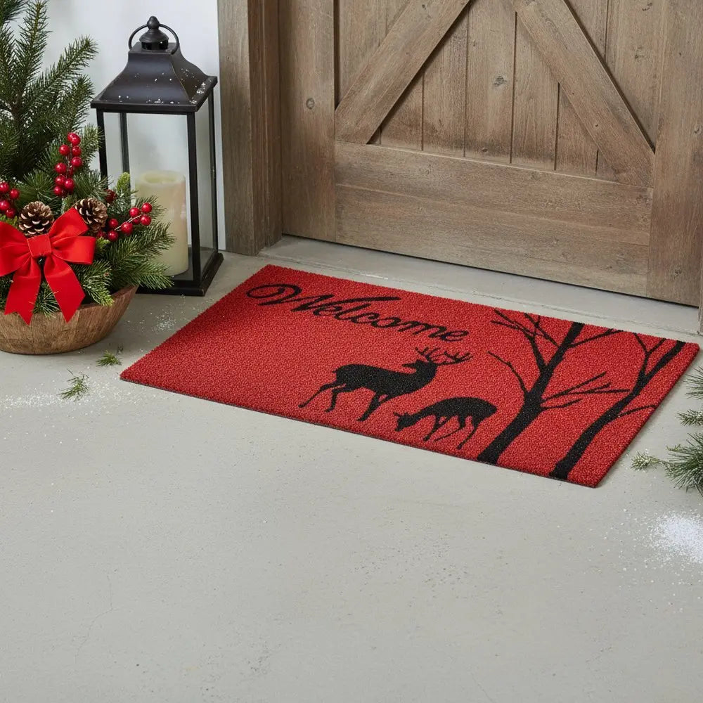 17" X 29" Red And Black Christmas Deer Welcome Outdoor Coir Door Mat - NOVA HOME FURNITURE