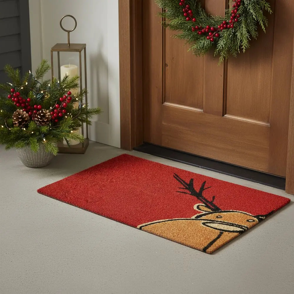 17" X 29" Red Brown And Black Christmas Outdoor Coir Door Mat - NOVA HOME FURNITURE