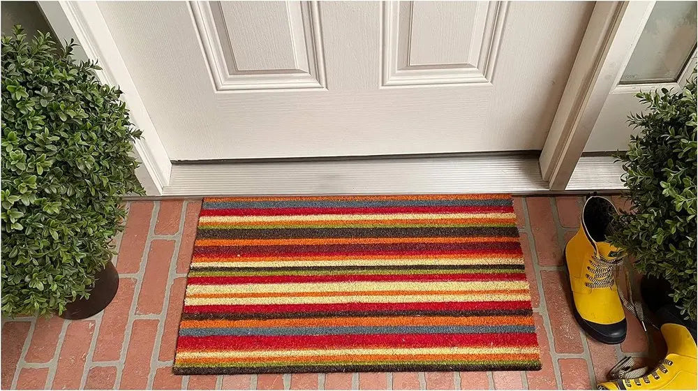 17" X 29" Red Orange and Natural Coir Striped Outdoor Door Mat - NOBLE HOME INTERIORS