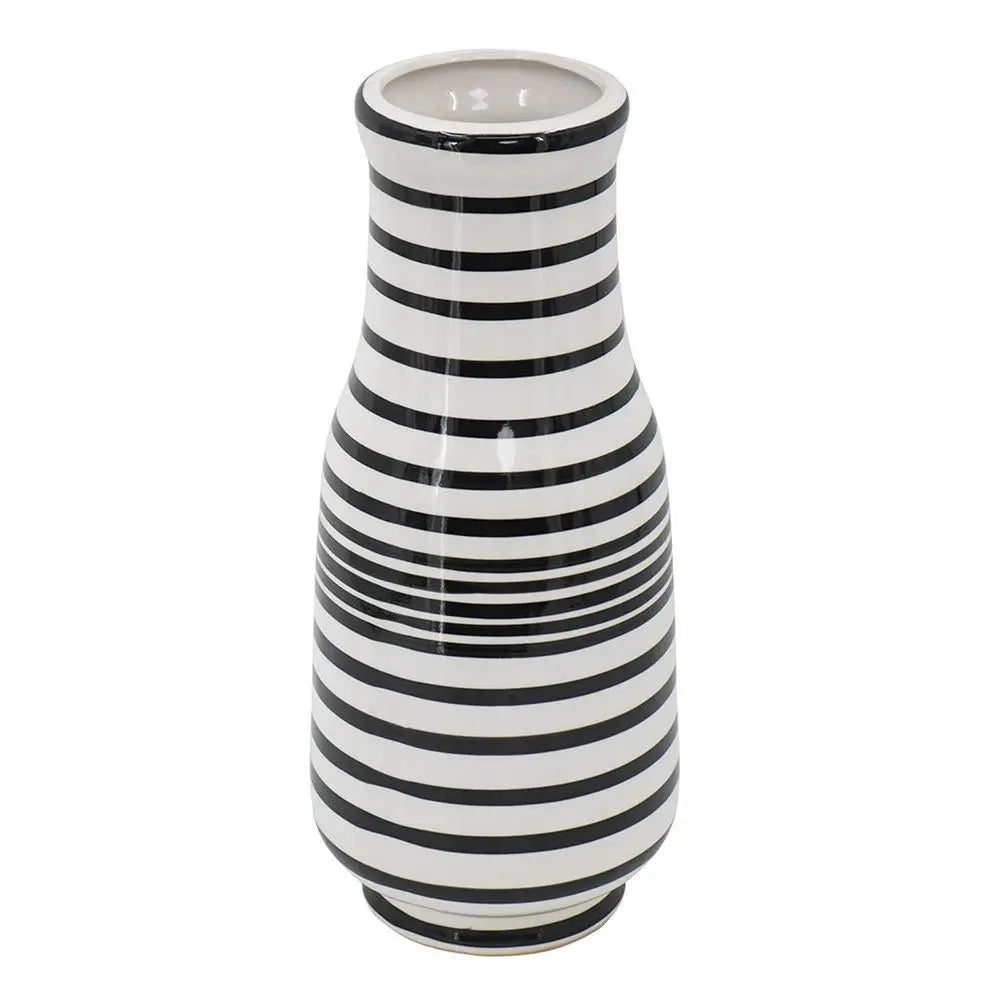 18" Black And White Hand Painted Stripe Ceramic Table Vase - NOBLE HOME INTERIORS