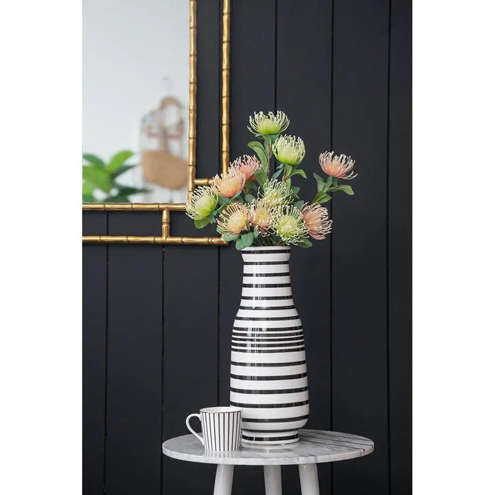 18" Black And White Hand Painted Stripe Ceramic Table Vase - NOBLE HOME INTERIORS